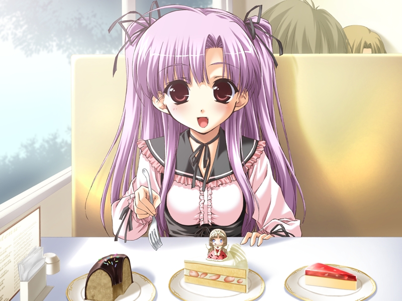 shintarou, shingyouji mao, boy meets girl, game cg, non-web source, 1girl, ahoge, blush, cake, choker, dessert, dress, female focus, food, fork, frills, hair ribbon, happy, long hair, open mouth, pastry, purple eyes, purple hair, ribbon, solo, twintails, two side up