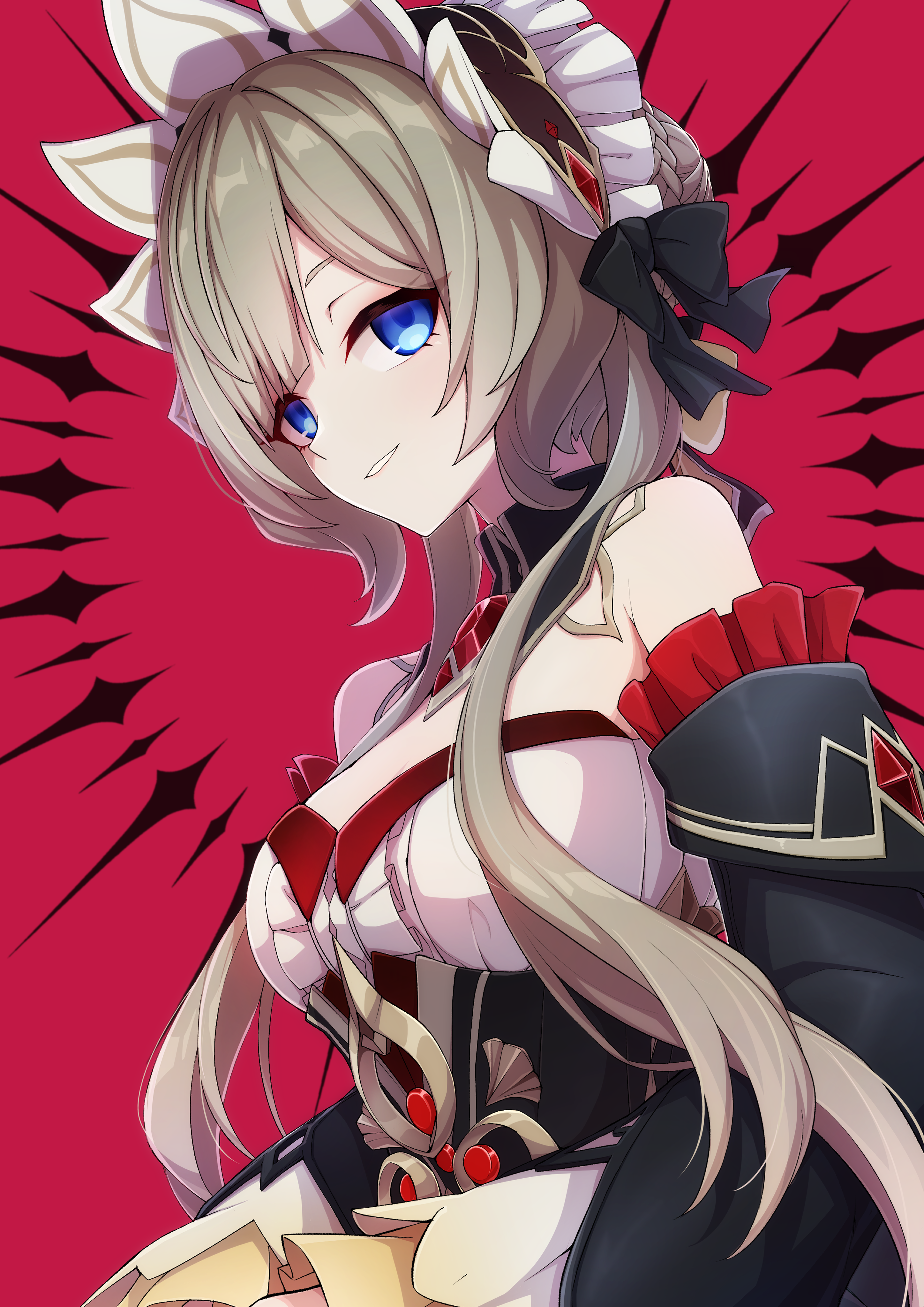 ruisuke, sandrone (genshin impact), genshin impact, absurdres, commentary request, highres, revision, 1girl, bare shoulders, black sleeves, blue eyes, breasts, brown hair, cleavage, detached sleeves, from side, long hair, looking at viewer, looking to the side, medium breasts, red background, sidelocks, simple background, smile, solo, upper body, very long hair