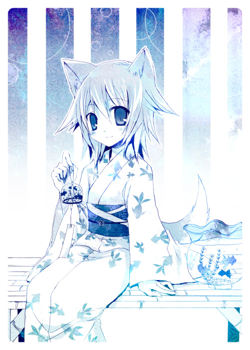 suzushiro kurumi, original, 1girl, animal ears, blue theme, female focus, fox ears, japanese clothes, kimono, monochrome, solo, yukata