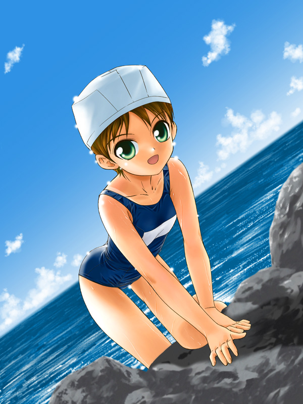 kotomi youji, original, 1girl, all fours, blue one-piece swimsuit, blue sky, cloud, day, dutch angle, female focus, green eyes, horizon, looking at viewer, one-piece swimsuit, open mouth, outdoors, school swimsuit, sky, solo, swimsuit, water