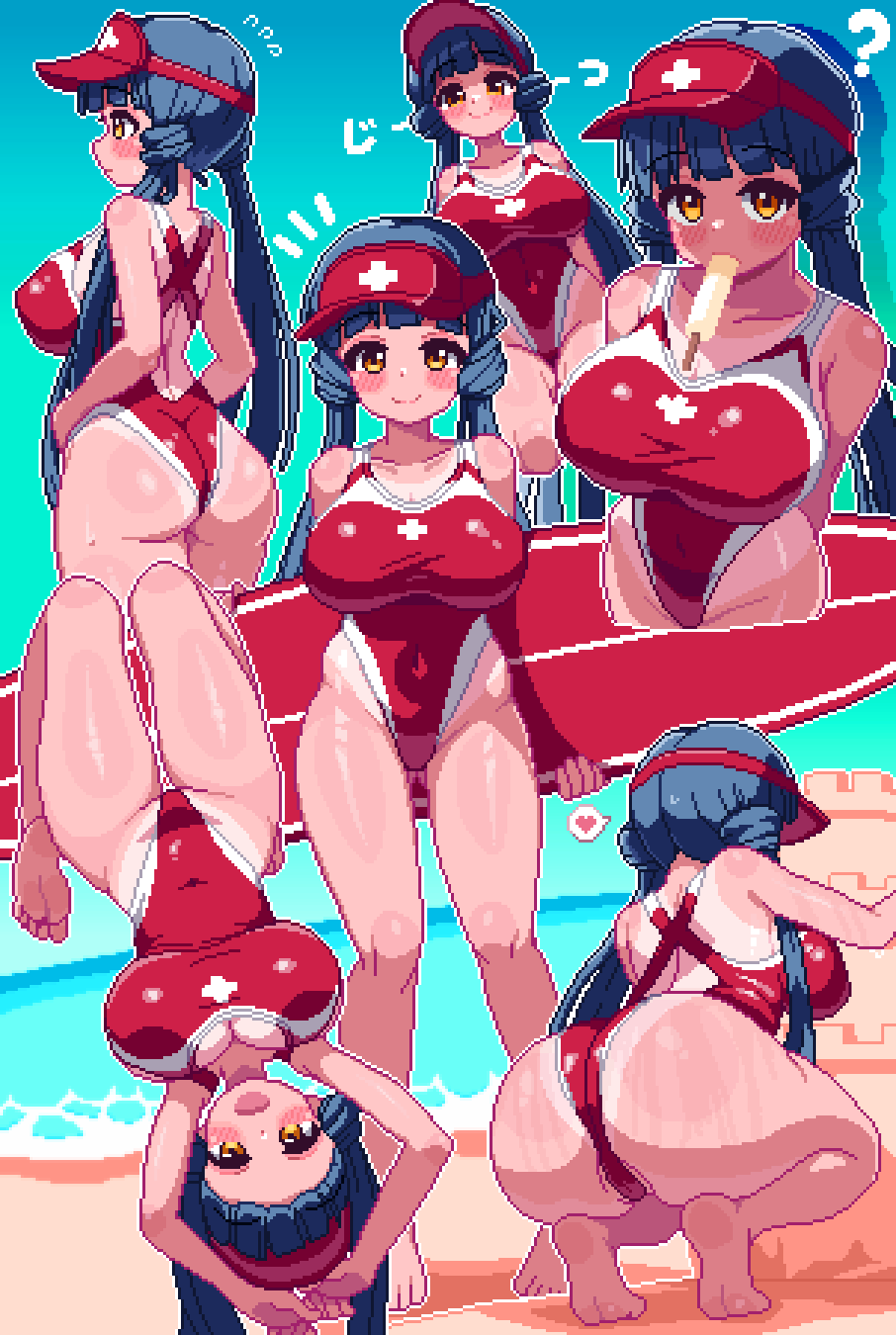 hothot148, kitakami reika, idolmaster, highres, 1girl, ?, ass, beach, blue hair, blush, breasts, covered navel, food, food in mouth, heart, highleg, holding, holding surfboard, large breasts, long hair, looking at viewer, multiple views, ocean, one-piece swimsuit, one-piece tan, popsicle, popsicle in mouth, red one-piece swimsuit, sand castle, sand sculpture, smile, squatting, surfboard, swimsuit, tan, tanline, twintails, visor cap