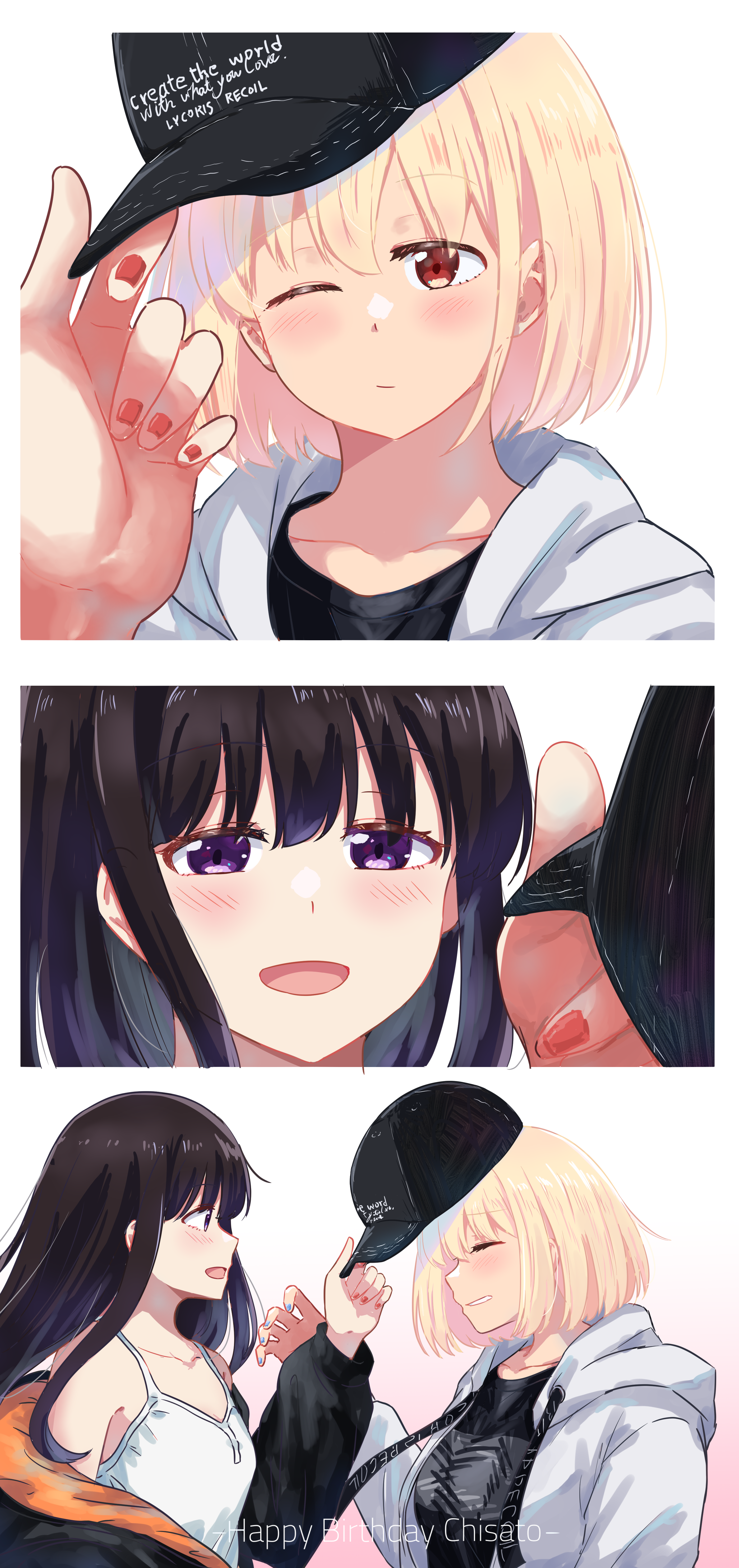 chai haru, inoue takina, nishikigi chisato, lycoris recoil, absurdres, commentary, highres, 2girls, baseball cap, black hair, black hat, black jacket, black shirt, blonde hair, blush, bob cut, camisole, closed eyes, closed mouth, hat, hood, hood down, hooded jacket, jacket, long hair, multiple girls, nail polish, one eye closed, open mouth, purple eyes, red eyes, red nails, shirt, short hair, sidelocks, white background, white camisole, white jacket