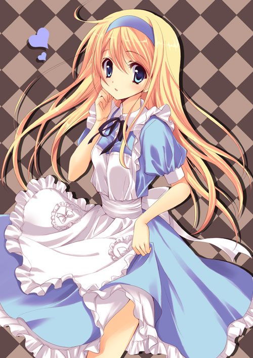 yukiwo, alice (alice in wonderland), alice's adventures in wonderland, 1girl, apron, blonde hair, blue eyes, dress, female focus, hairband, long hair, looking at viewer, solo