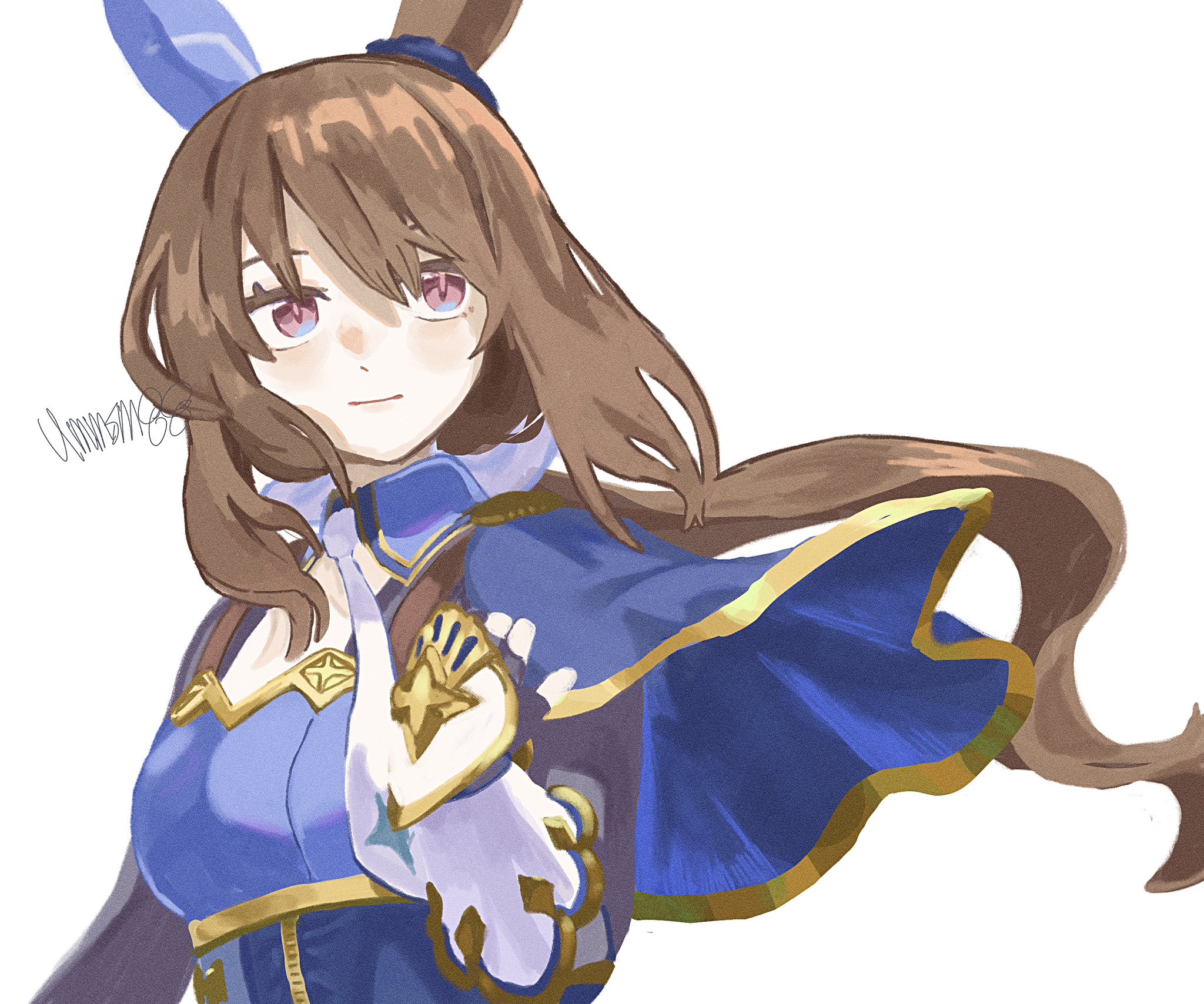 ummsm 88, admire vega (starry nocturne) (umamusume), admire vega (umamusume), umamusume, highres, 1girl, animal ears, blue capelet, blue dress, blush, breasts, brown hair, capelet, closed mouth, dress, ear covers, ear ornament, fingerless gloves, gloves, hair between eyes, horse ears, horse girl, long hair, long sleeves, looking at viewer, necktie, purple eyes, simple background, single ear cover, smile, solo, upper body, white background, white necktie