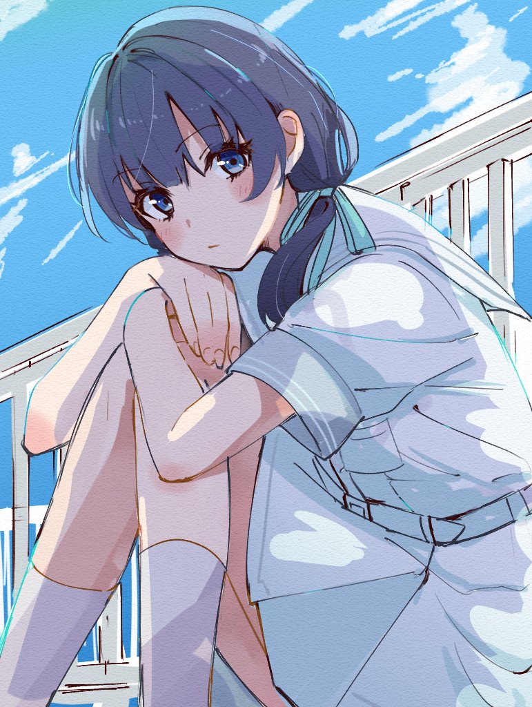 skt (ryxxxxx), murano sayaka, link! like! love live!, love live!, commentary, 1girl, blue hair, blue ribbon, blush, breast pocket, closed mouth, dress, hair ribbon, hasu no sora school uniform, looking at viewer, low twintails, outdoors, pleated dress, pocket, ribbon, sailor collar, sailor dress, school uniform, short dress, short sleeves, sitting, socks, solo, summer uniform, twintails, virtual youtuber, white dress, white sailor collar, white socks