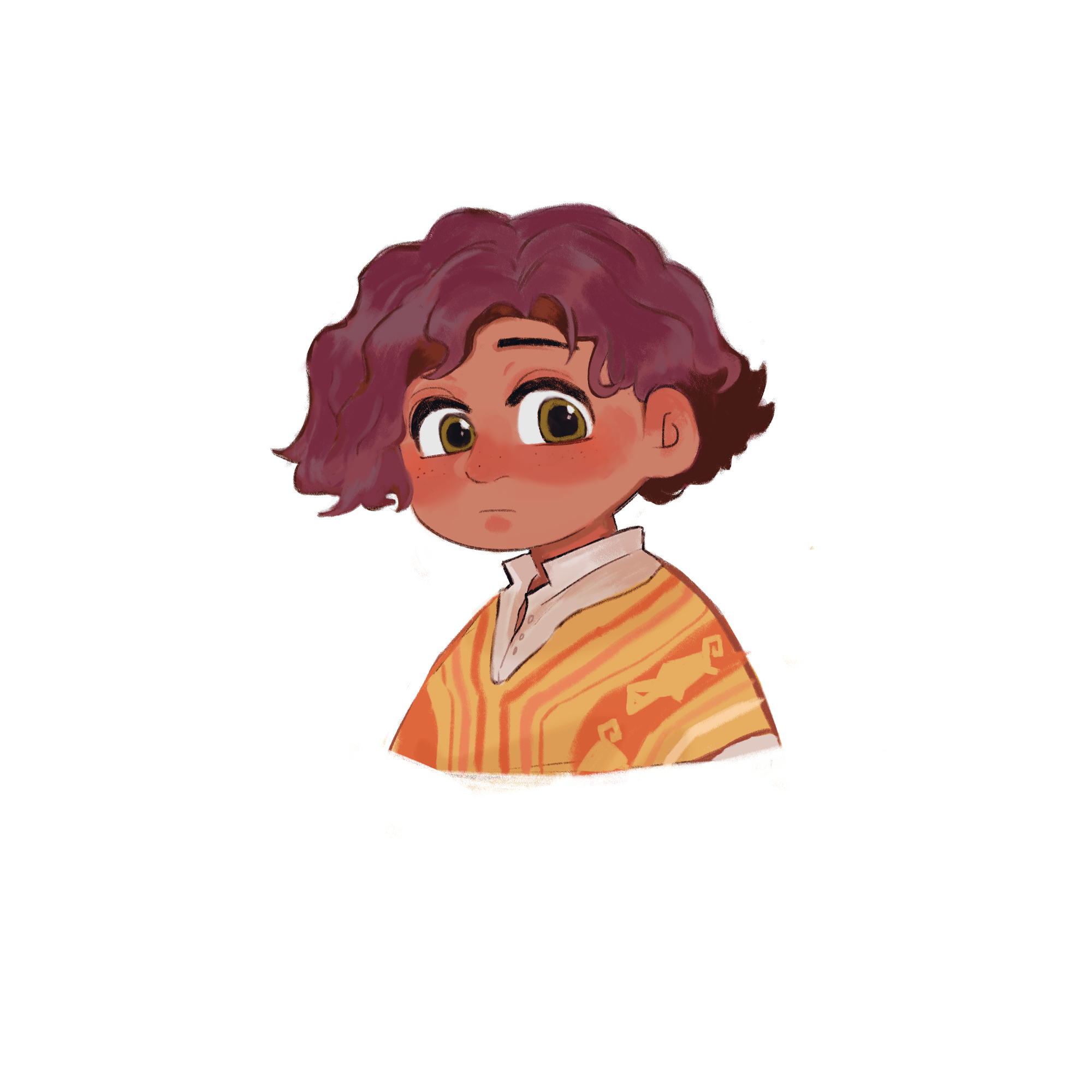 catfish (pixiv 28197383), camilo madrigal, encanto, highres, 1boy, afro, brown eyes, brown hair, colombian clothes, curly hair, dark-skinned female, dark-skinned male, dark skin, male focus, poncho, shirt, short hair, simple background, smile, solo, white shirt, yellow poncho