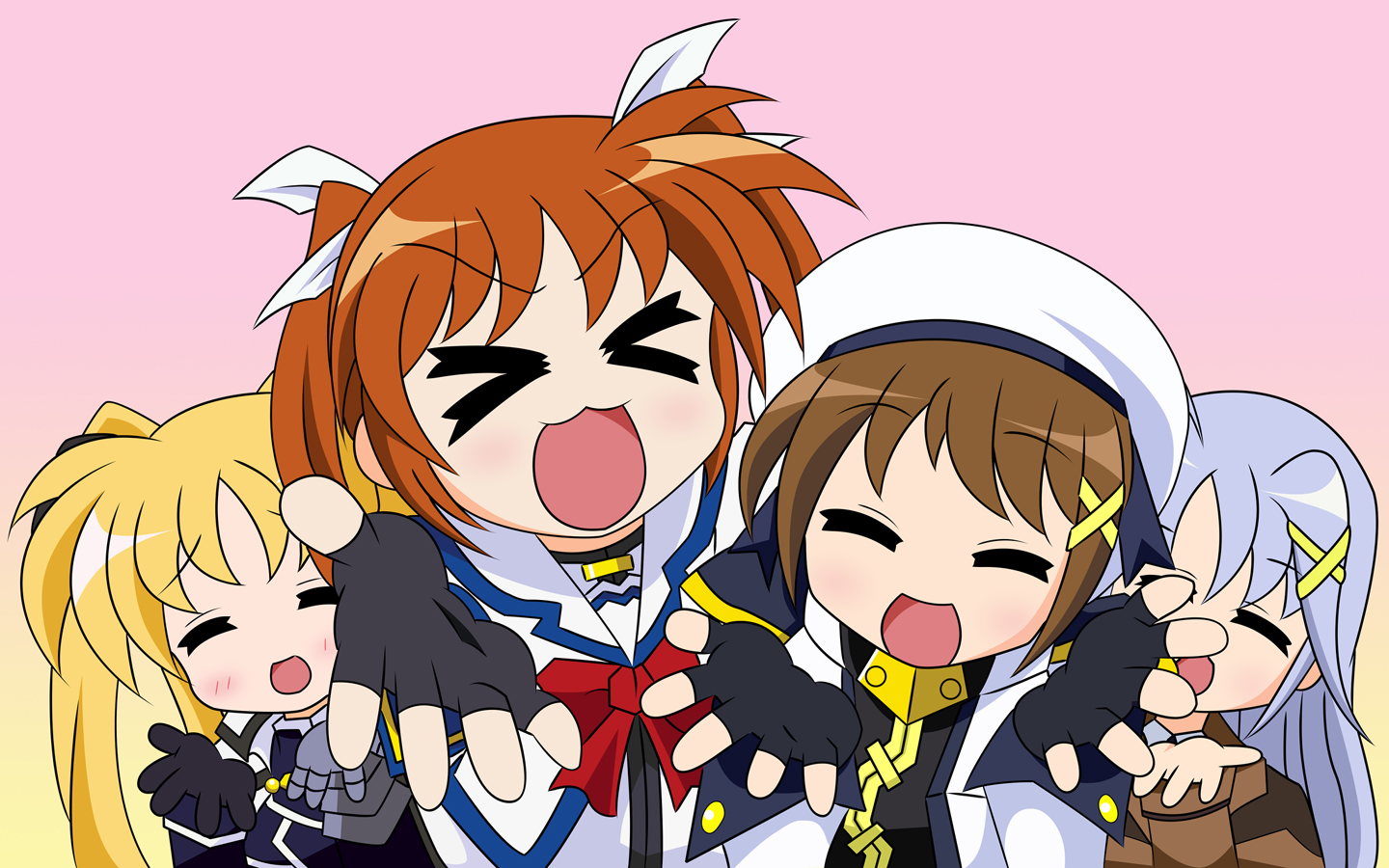 fate testarossa, reinforce, reinforce zwei, takamachi nanoha, yagami hayate, lucky star, lyrical nanoha, mahou shoujo lyrical nanoha, mahou shoujo lyrical nanoha strikers, motteke! serafuku, derivative work, non-web source, vector trace, > <, 4girls, ahoge, blonde hair, blue hair, bow, brown hair, cape, closed eyes, coat, fingerless gloves, gauntlets, gloves, hair ornament, hat, jacket, magical girl, military, military uniform, multiple girls, open clothes, open jacket, parody, red bow, red hair, single gauntlet, single glove, twintails, x hair ornament