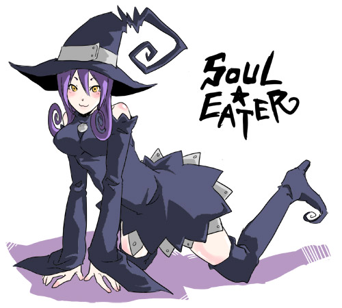 zye, blair (soul eater), soul eater, lowres, 00s, blush, boots, dress, food, hat, purple hair, solo, sweet potato, thigh boots, thighhighs, witch hat, yellow eyes