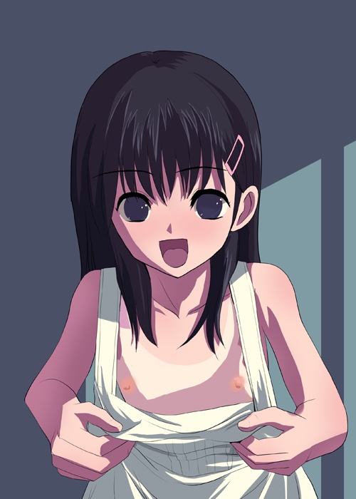 natori (natorism), original, 1girl, dress, female focus, flat chest, hair ornament, hairclip, loli, nipples, one-piece tan, solo, tan, tanline
