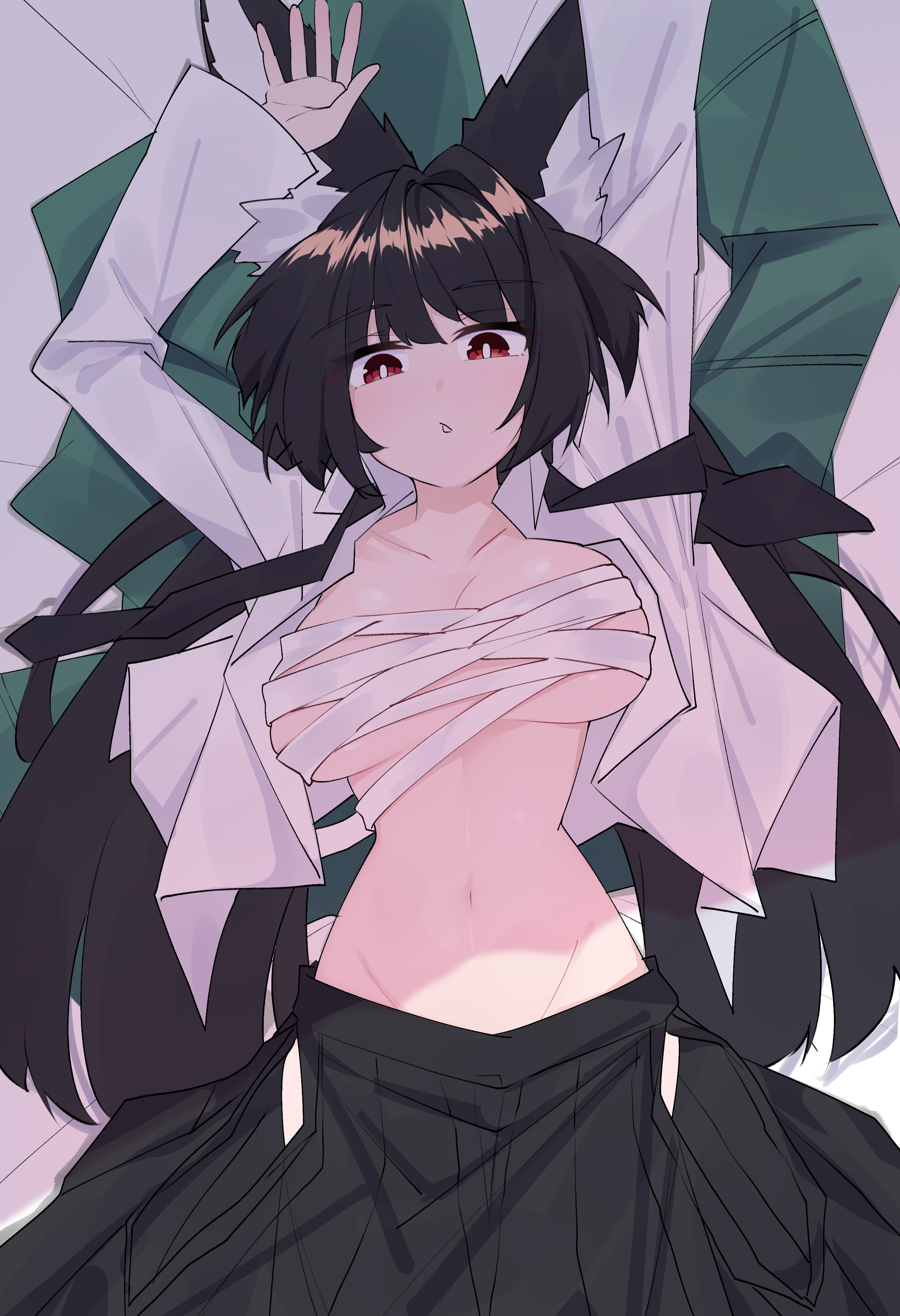 yorozuya (yoroz ryobi), hoshimi miyabi, zenless zone zero, absurdres, highres, 1girl, animal ear fluff, animal ears, aqua jacket, arms up, bandaged chest, bed, black hair, black necktie, black skirt, blanket, breasts, fox ears, fox girl, green jacket, jacket, long hair, looking down, lying, navel, necktie, on back, on bed, open mouth, red eyes, shirt, skirt, solo, stomach, unbuttoned, undone necktie, undressing, white shirt