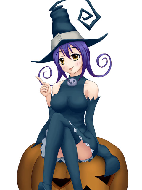 blair (soul eater), soul eater, bad id, bad pixiv id, 00s, 1girl, bad anatomy, female focus, hat, poorly drawn, purple hair, solo, thighhighs, witch hat, yellow eyes