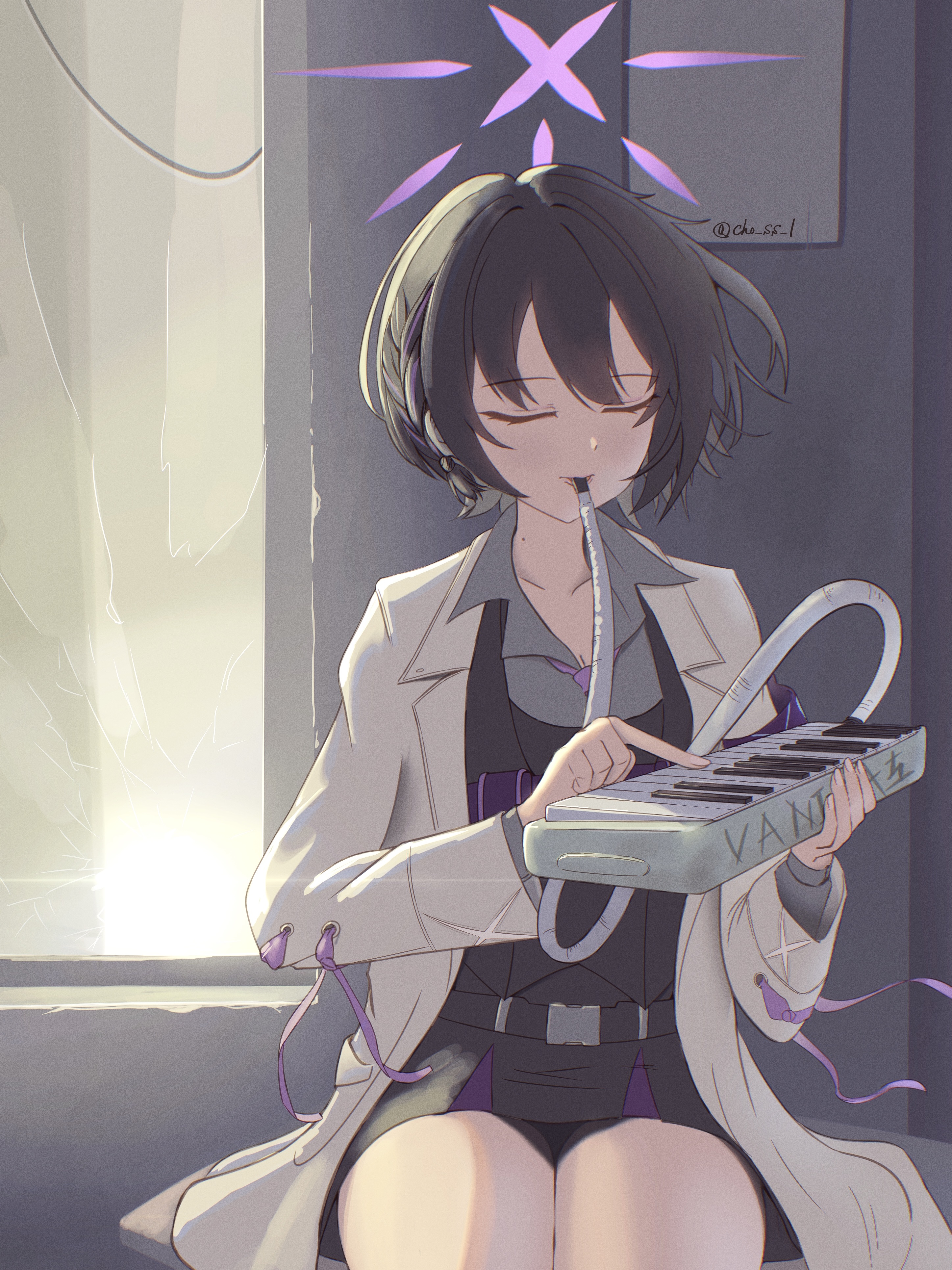 cho ss 1, subaru (blue archive), blue archive, absurdres, commentary request, highres, 1girl, black hair, black shirt, black skirt, braid, closed eyes, halo, instrument, jacket, keyboard (instrument), long sleeves, melodica, miniskirt, music, necktie, open clothes, open jacket, parody, playing instrument, purple halo, purple necktie, shirt, short hair, side braid, sitting, skirt, solo, thighs, twitter username, white jacket
