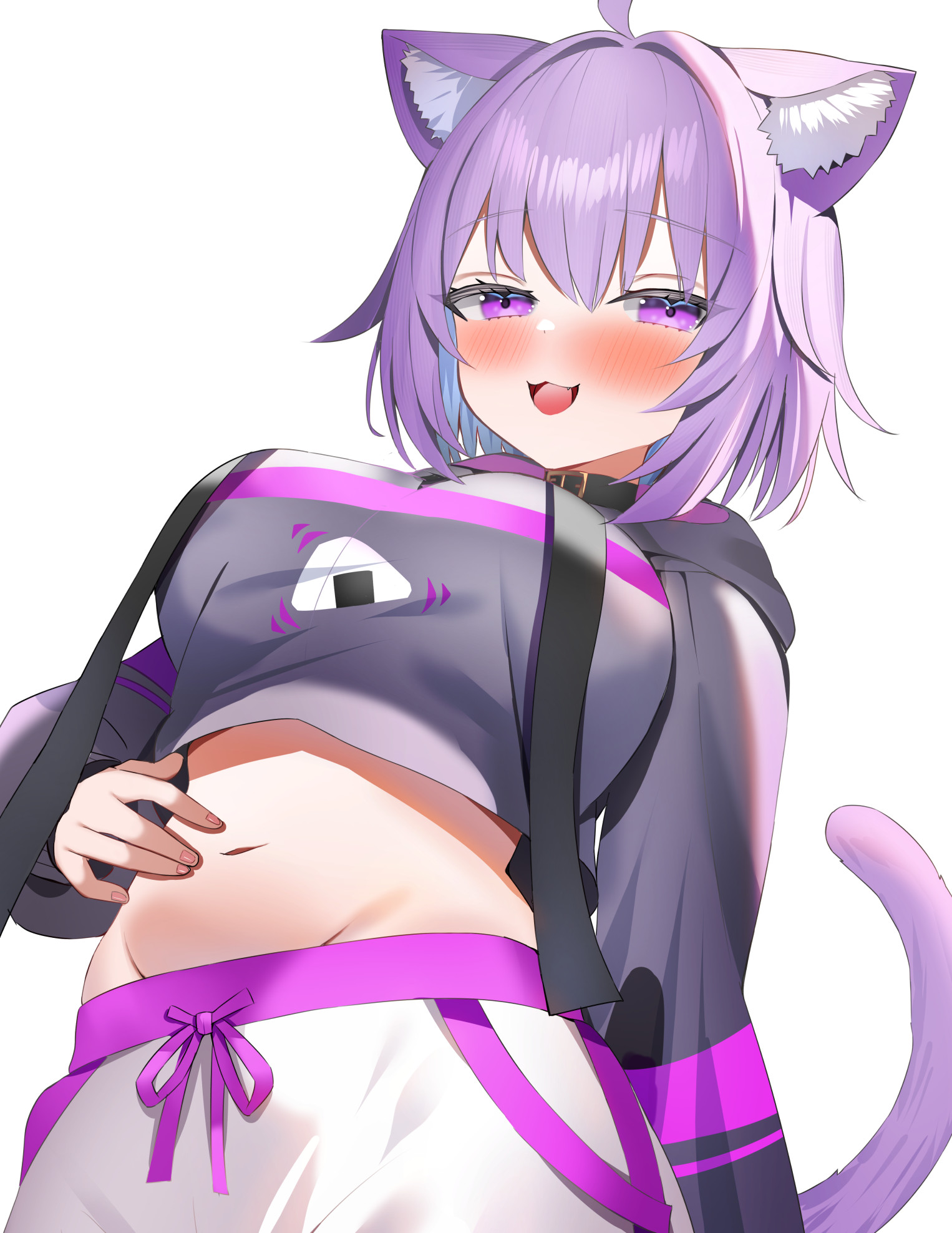 aa44, nekomata okayu, nekomata okayu (1st costume), hololive, commentary, highres, 1girl, :3, :d, ahoge, animal collar, animal ear fluff, animal ears, black collar, black hoodie, blush, cat ears, cat girl, cat tail, collar, cropped hoodie, double-parted bangs, drawstring, food print, hair between eyes, hood, hoodie, long sleeves, looking at viewer, midriff, navel, onigiri print, open mouth, pants, purple eyes, purple hair, short hair, simple background, smile, solo, tail, virtual youtuber, white background, white pants