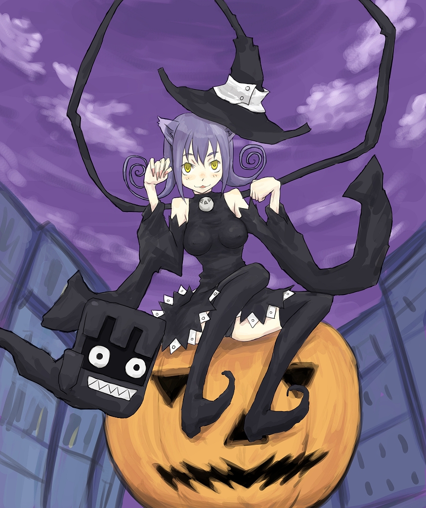 machida yuu, blair (soul eater), soul eater, bad id, bad pixiv id, 00s, animal ears, boots, cat ears, hat, jack-o'-lantern, long sleeves, pumpkin, purple hair, solo, thigh boots, thighhighs, witch hat, yellow eyes