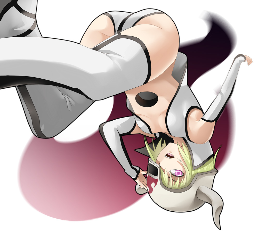 kazuki sanbi, lilynette gingerbuck, bleach, 00s, 1girl, arrancar, ass, blonde hair, bob cut, boots, center opening, detached sleeves, female focus, flat chest, gloves, green hair, helmet, horns, no bra, open mouth, panties, pink eyes, short hair, shorts, skull, solo, thigh boots, thighhighs, underwear, upside-down, vest, white thighhighs