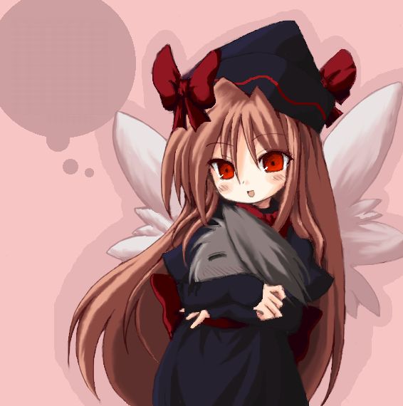 kedama (touhou), lily black, lily white, touhou, non-web source, 1girl, female focus, hat, long hair, ribbon, solo, standing, wings