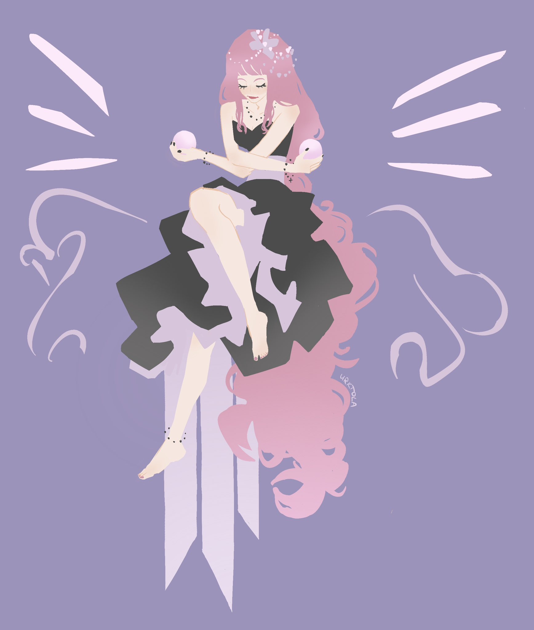 perona, one piece, commentary, english commentary, highres, 1girl, anklet, black dress, blunt bangs, bracelet, closed eyes, dress, full body, jewelry, long hair, necklace, pink hair, pink lips, pink nails, purple background, signature, solo, urktola, very long hair