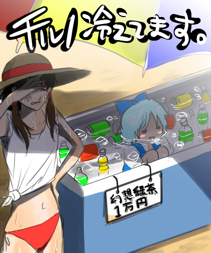 cirno, hakurei reimu, touhou, non-web source, translated, 2girls, alternate costume, bikini, blue hair, can, female focus, hat, ice, multiple girls, mundane utility, ribbon, short hair, summer, swimsuit, water