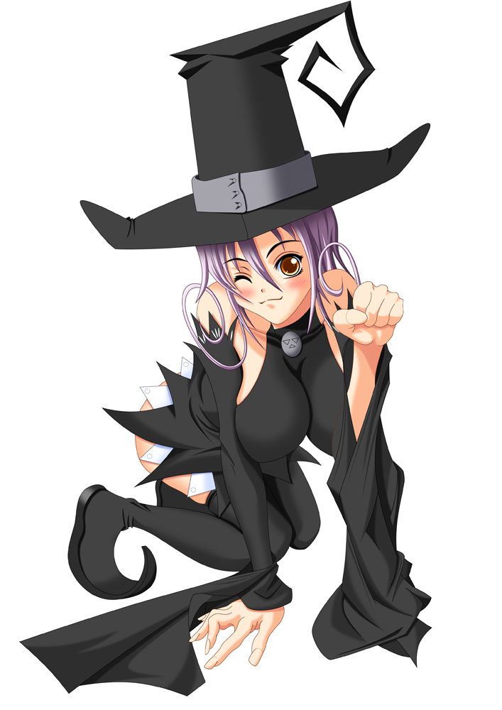 blair (soul eater), soul eater, 00s, 1girl, bad anatomy, bent over, blush, boots, breasts, brown eyes, cleavage, female focus, happy, hat, kneeling, large breasts, purple hair, smile, solo, thigh boots, thighhighs, witch, witch hat