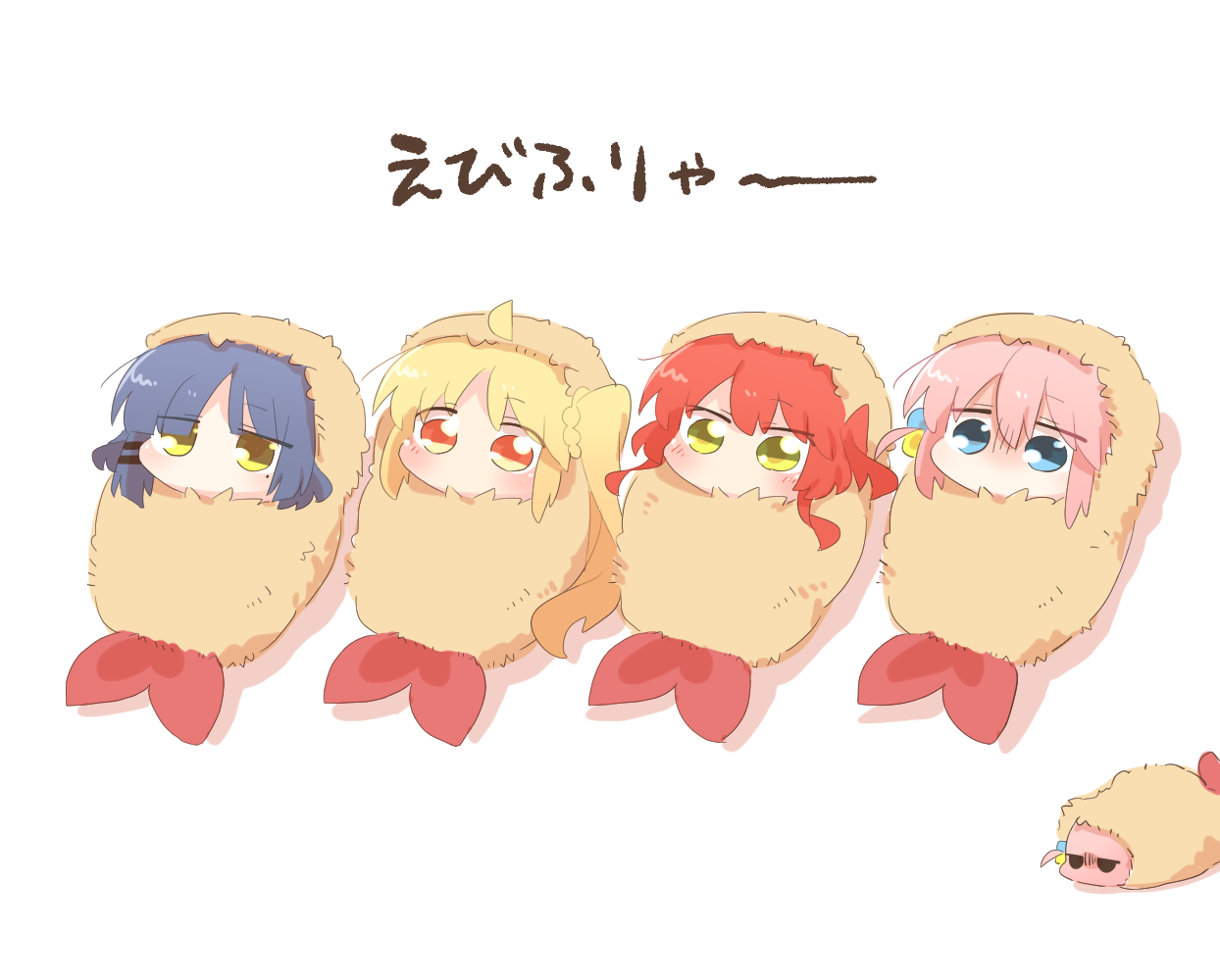 rebecca (keinelove), gotoh hitori, gotoh hitori (tsuchinoko), ijichi nijika, kita ikuyo, yamada ryo, bocchi the rock!, commentary request, translation request, 4girls, ahoge, blonde hair, blue eyes, blue hair, chibi, chibi only, cube hair ornament, detached ahoge, food, food costume, hair ornament, kessoku band, mole, mole under eye, multiple girls, one side up, orange eyes, pink hair, red hair, shadow, shrimp, shrimp tempura, side ahoge, tempura, tempura costume, white background, yellow eyes