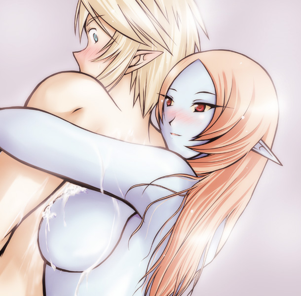 microspace, link, midna, midna (true), nintendo, the legend of zelda, the legend of zelda: twilight princess, spoilers, 1boy, 1girl, blue skin, blush, breast press, breasts, colored skin, grey skin, hetero, hug, large breasts, long hair, nude, orange hair, pointy ears, red eyes, soap, wet