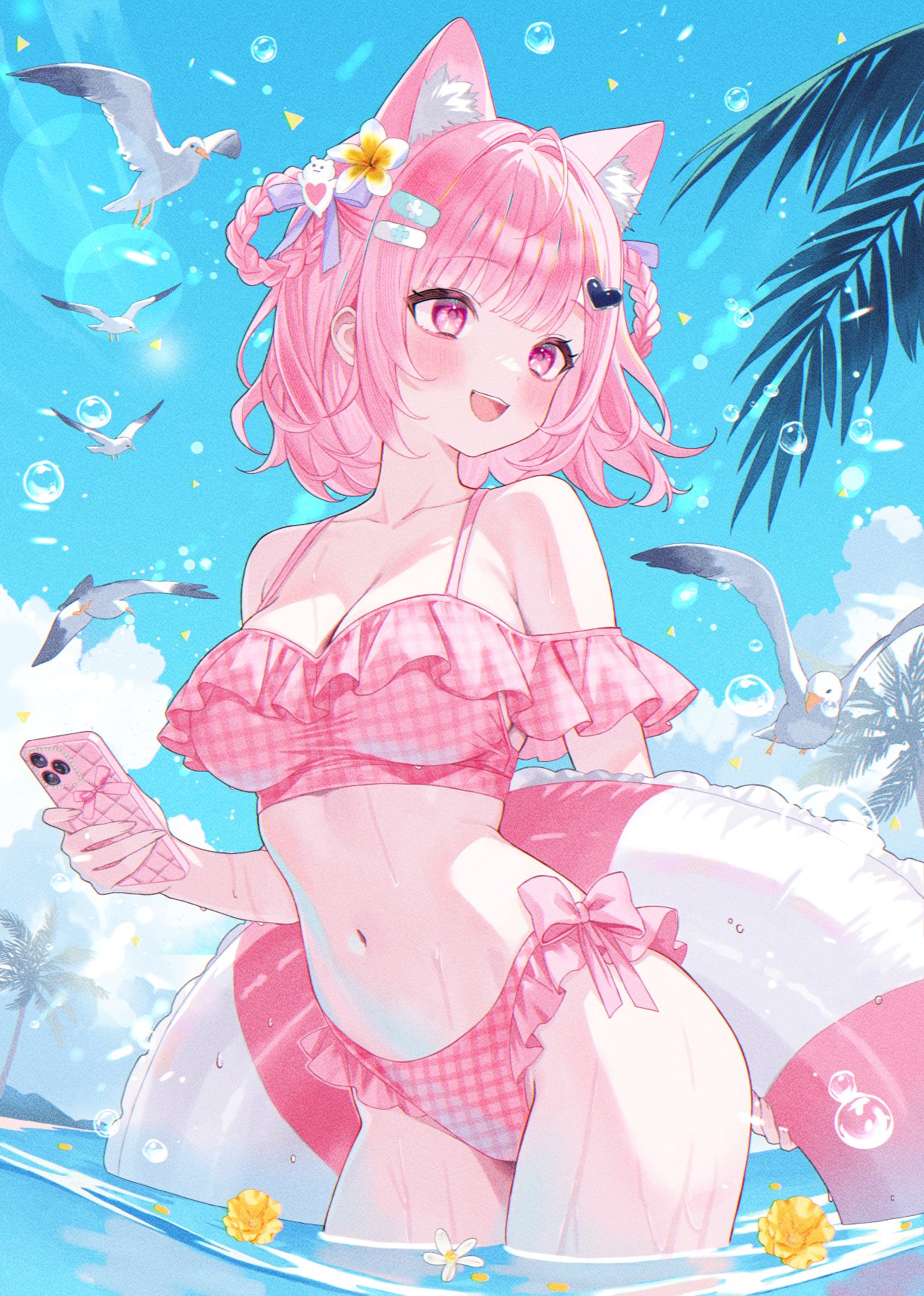 yuzuriha (nx e78), yuuki sakuna, indie virtual youtuber, highres, 1girl, :d, animal ear fluff, animal ears, bikini, bird, blue sky, braid, braided hair rings, breasts, cat ears, cat girl, cellphone, cleavage, day, flower, frilled bikini, frills, hair flower, hair ornament, hair rings, holding, holding phone, holding swim ring, innertube, medium breasts, navel, open mouth, outdoors, phone, pink bikini, pink eyes, pink hair, seagull, short hair, sky, smile, solo, swim ring, swimsuit, virtual youtuber, water