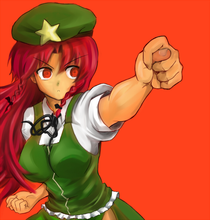 baibo, paipo (chickshow), hong meiling, embodiment of scarlet devil, touhou, >:o, 1girl, :o, black ribbon, braid, breasts, china dress, chinese clothes, dress, female focus, green hat, green shirt, hair ornament, hat, large breasts, long hair, neck ribbon, puffy short sleeves, puffy sleeves, red background, red eyes, red hair, ribbon, shirt, short sleeves, solo, star (symbol), star hair ornament, twin braids, v-shaped eyebrows, white shirt