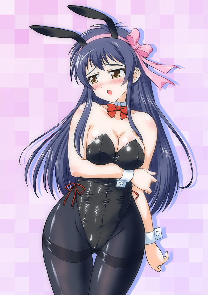 yukimura hajime, sheela sheffield, yuukyuu gensoukyoku, variant set, 1girl, animal ear hairband, animal ears, black hair, black leotard, black pantyhose, bow, bowtie, breasts, brown eyes, cleavage, detached collar, fake animal ears, gluteal fold, hair ribbon, hairband, leotard, long hair, looking to the side, medium breasts, pantyhose, pink background, pink ribbon, playboy bunny, rabbit ears, red bow, red bowtie, ribbon, solo, strapless, strapless leotard, thigh gap, thighband pantyhose, wrist cuffs