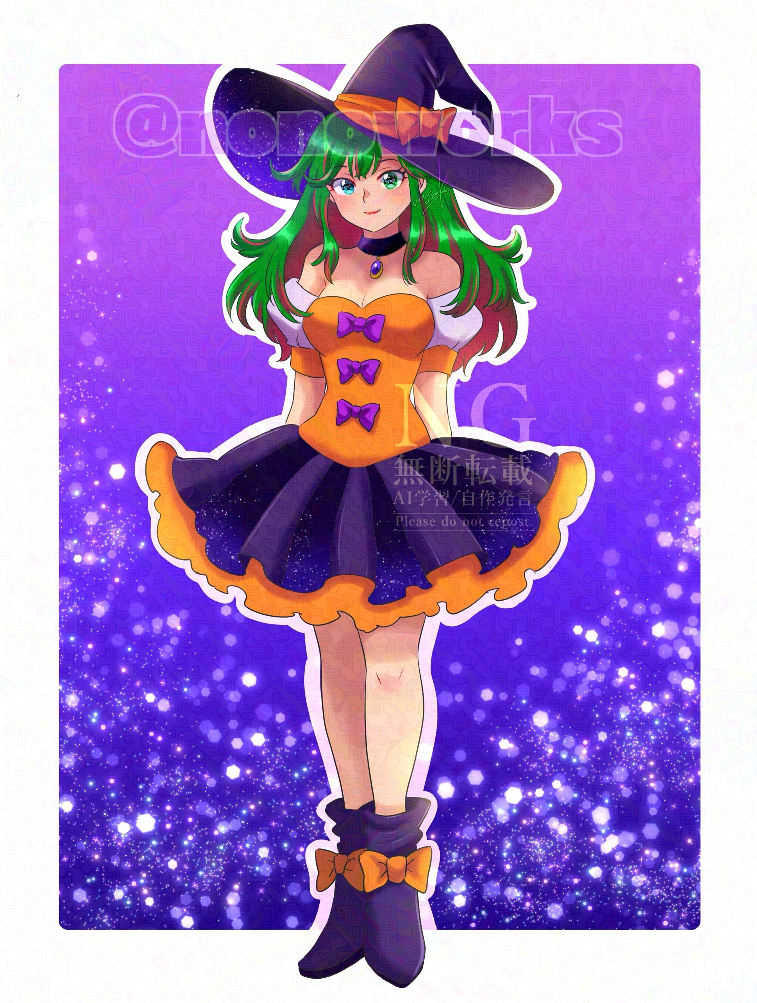 nonoworks, original, commission, highres, bare shoulders, black boots, black skirt, blue eyes, boots, bow, dress, gradient background, green eyes, green hair, hat, heterochromia, jewelry, necklace, orange bow, orange dress, pink hair, puffy sleeves, purple bow, skirt, underdye, watermark, witch, witch hat