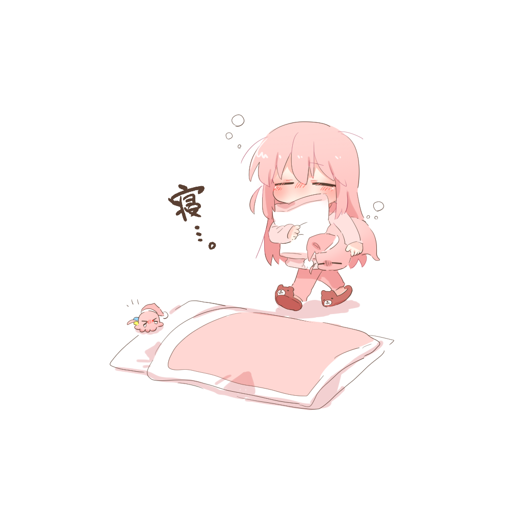 rebecca (keinelove), gotoh hitori, gotoh hitori (octopus), gotoh hitori (tsuchinoko), bocchi the rock!, commentary request, translation request, 1girl, animal slippers, bear slippers, blanket, blush, brown slippers, chibi, chibi only, futon, jacket, long hair, long sleeves, pants, pillow, pink hair, pink jacket, pink pants, simple background, slippers, solo, walking, white background