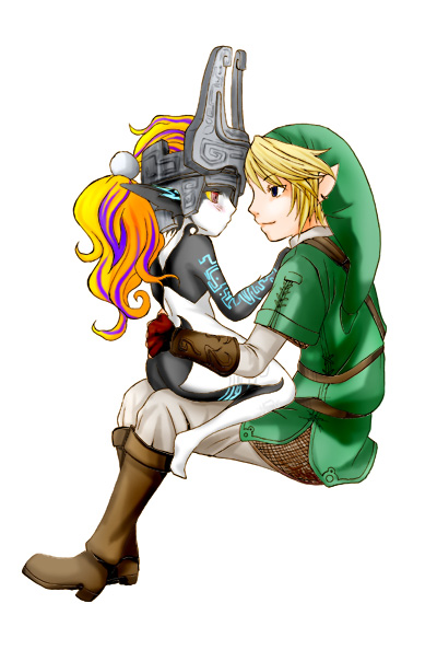 link, midna, nintendo, the legend of zelda, the legend of zelda: twilight princess, artist request, 1boy, 1girl, eye contact, looking at another, pointy ears, sitting, sitting on lap, sitting on person, size difference, white background