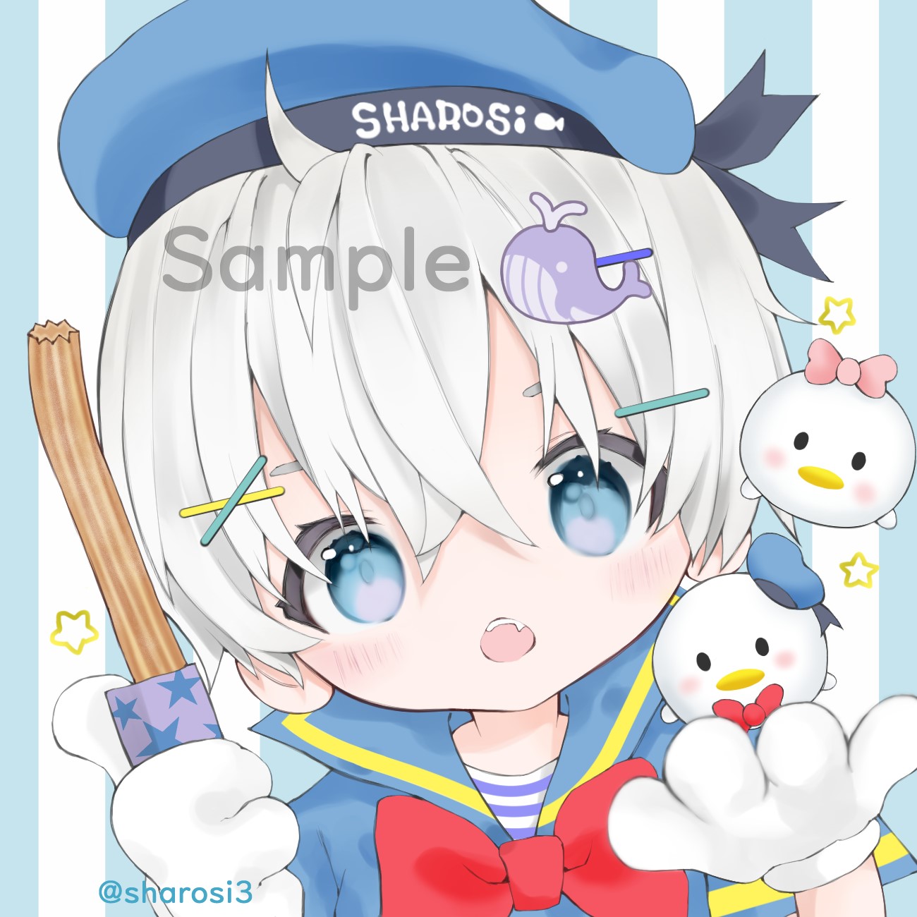 daisy duck, donald duck, mickey mouse & friends, highres, 1boy, blue eyes, bow, hat, holding, humanization, looking at viewer, male focus, open mouth, sailor collar, shirt, short hair, solo, user zjxd2375, white hair