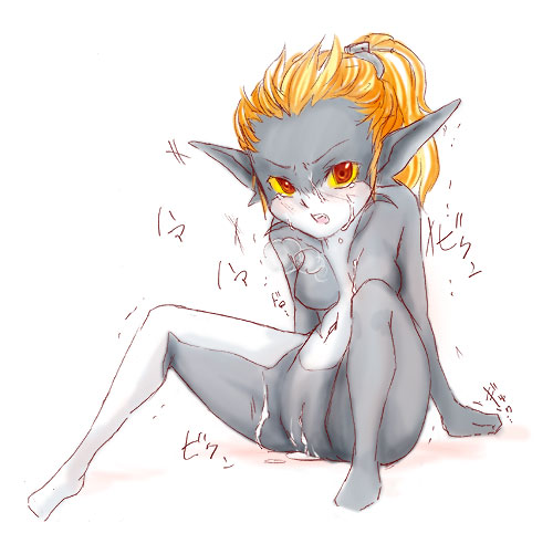 midna, nintendo, the legend of zelda, the legend of zelda: twilight princess, lowres, 1girl, cum, female focus, monster girl, no headwear, pointy ears, pussy, solo, sweat