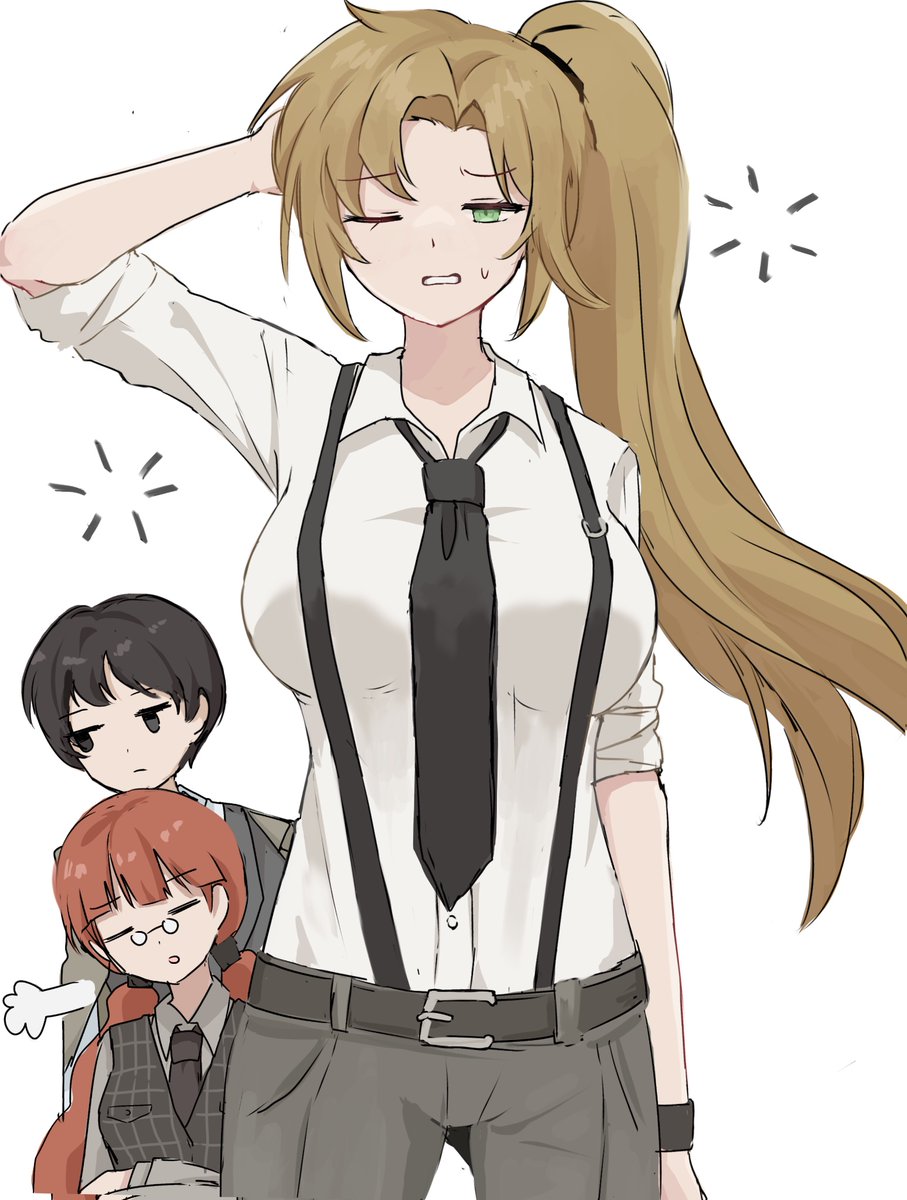 mika (project moon), olga (project moon), rain (project moon), library of ruina, project moon, highres, black eyes, black hair, breasts, closed eyes, glasses, green eyes, grey pants, jacket, jacket on shoulders, large breasts, long hair, looking to the side, necktie, one eye closed, pants, ponytail, red hair, shirt, short hair, short male, side ponytail, sleeves rolled up, suspenders, sweatdrop, tall female, teeth, vest, watch, wristwatch