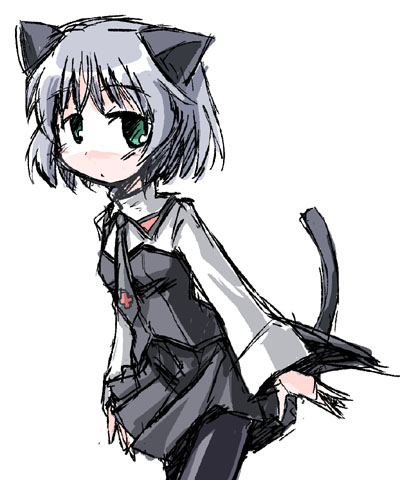 sanya v. litvyak, strike witches, world witches series, silver hair, uniform, lowres, 00s, 1girl, animal ears, black pantyhose, female focus, necktie, pantyhose, short hair, solo, tail