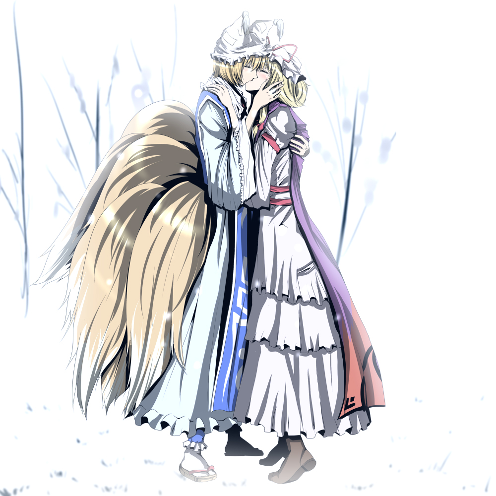 kishimasa, yakumo ran, yakumo yukari, touhou, 2girls, animal hat, blonde hair, boots, couple, dress, female focus, fox tail, hair up, hat, kiss, long sleeves, mob cap, multiple girls, multiple tails, profile, sandals, shoes, short hair, tabi, tail, tassel, wide sleeves, yuri, zouri