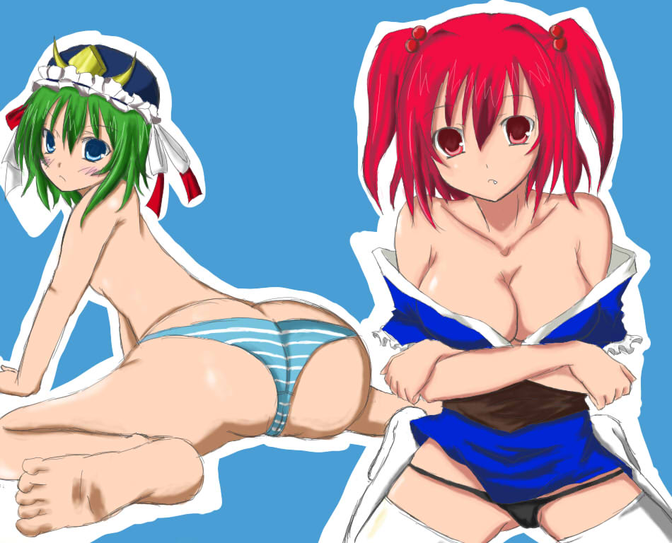 dogeza emon, onozuka komachi, shiki eiki, touhou, 2girls, ass, barefoot, blue eyes, blush, breasts, cleavage, crossed arms, female focus, large breasts, lowleg, lowleg panties, multiple girls, panties, red eyes, small breasts, striped clothes, striped panties, thighhighs, underwear, undressing