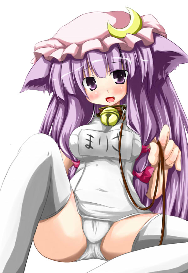 nanpuu, patchouli knowledge, touhou, 1girl, animal ears, bell, cat ears, cat girl, collar, crescent, fang, female focus, hat, jingle bell, kemonomimi mode, leash, long hair, neck bell, one-piece swimsuit, purple hair, school swimsuit, solo, swimsuit, thighhighs, white one-piece swimsuit, white school swimsuit