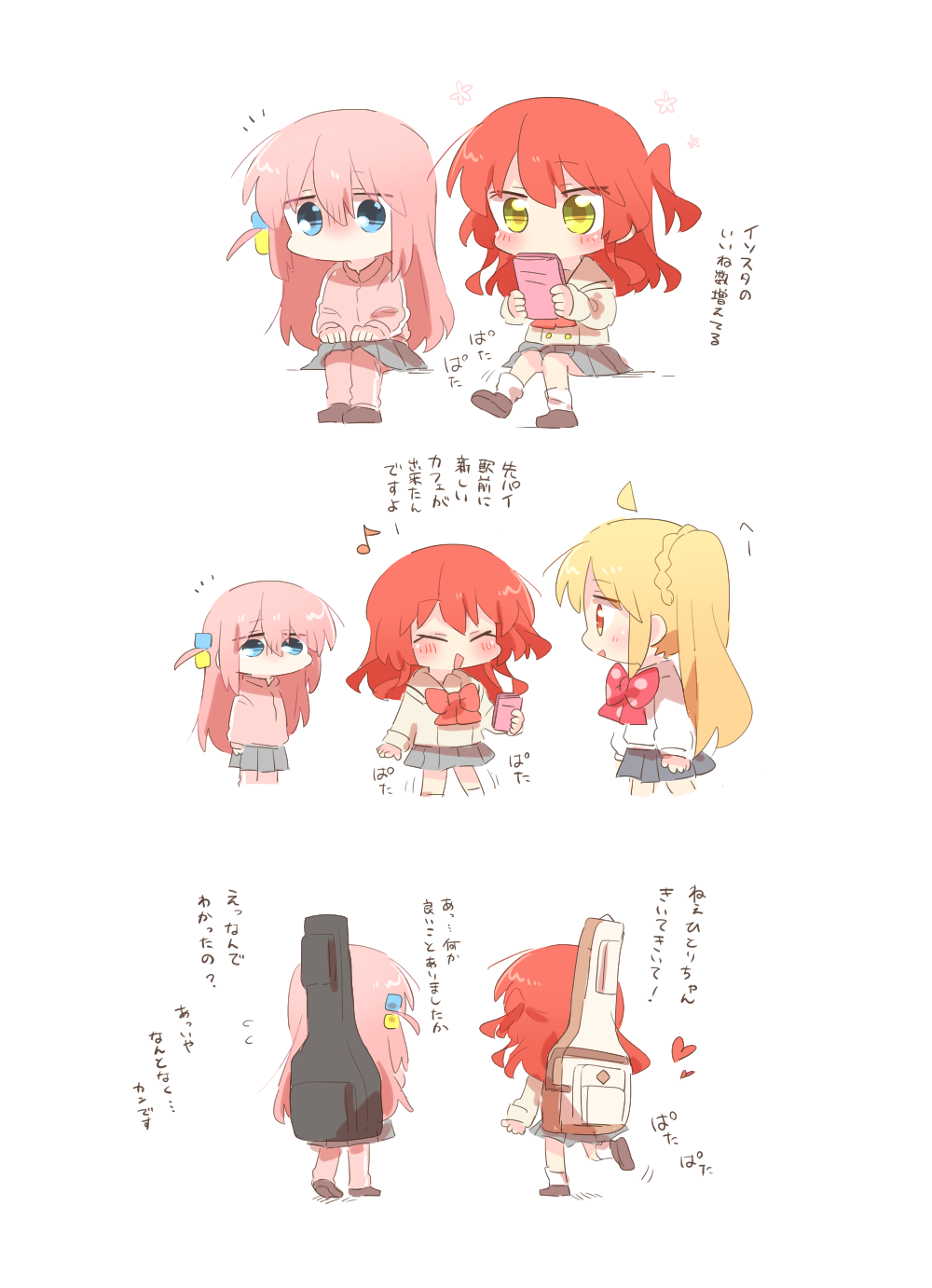 rebecca (keinelove), gotoh hitori, ijichi nijika, kita ikuyo, bocchi the rock!, commentary request, highres, translation request, :d, ^ ^, ahoge, blonde hair, blue eyes, blush, bow, bowtie, brown sailor collar, brown shirt, brown shoes, chibi, chibi only, closed eyes, detached ahoge, green eyes, grey skirt, guitar case, heart, holding, holding phone, instrument case, jacket, long hair, long sleeves, musical note, no mouth, open mouth, pants, pants under skirt, phone, pink hair, pink jacket, pink pants, pleated skirt, polka dot, polka dot bow, polka dot bowtie, red eyes, red hair, sailor collar, school uniform, shimokitazawa high school uniform, shirt, shoes, shuka high school uniform, simple background, sitting, skirt, smile, socks, standing, track jacket, walking, white background, white shirt, white socks