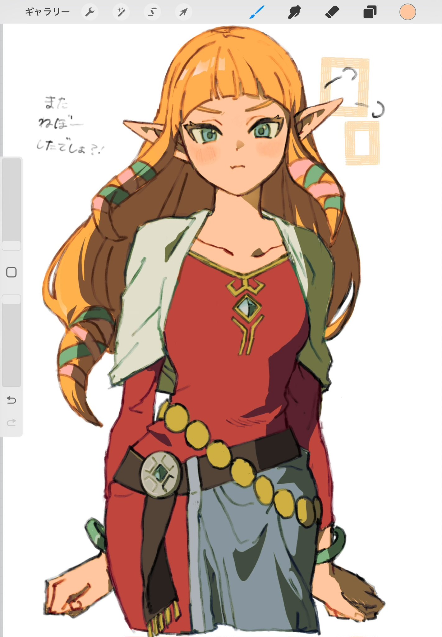 asa8720, princess zelda, nintendo, the legend of zelda, the legend of zelda: skyward sword, highres, translation request, 1girl, art program in frame, blonde hair, blunt bangs, blush, bracelet, breasts, capelet, closed mouth, dress, hair ornament, hair ribbon, jewelry, long hair, looking at viewer, pointy ears, red dress, ribbon, sidelocks, white capelet