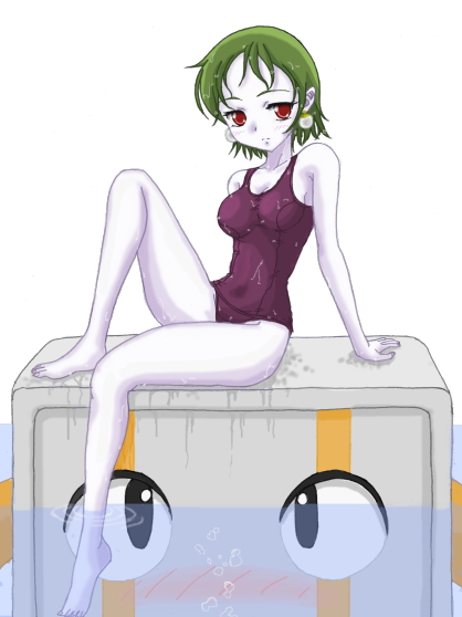 balrog (cave story), misery (cave story), doukutsu monogatari, artist request, 1boy, 1girl, barefoot, blush, breasts, dripping, feet, green hair, medium breasts, one-piece swimsuit, pale skin, purple one-piece swimsuit, purple school swimsuit, red eyes, school swimsuit, swimsuit, water, wet
