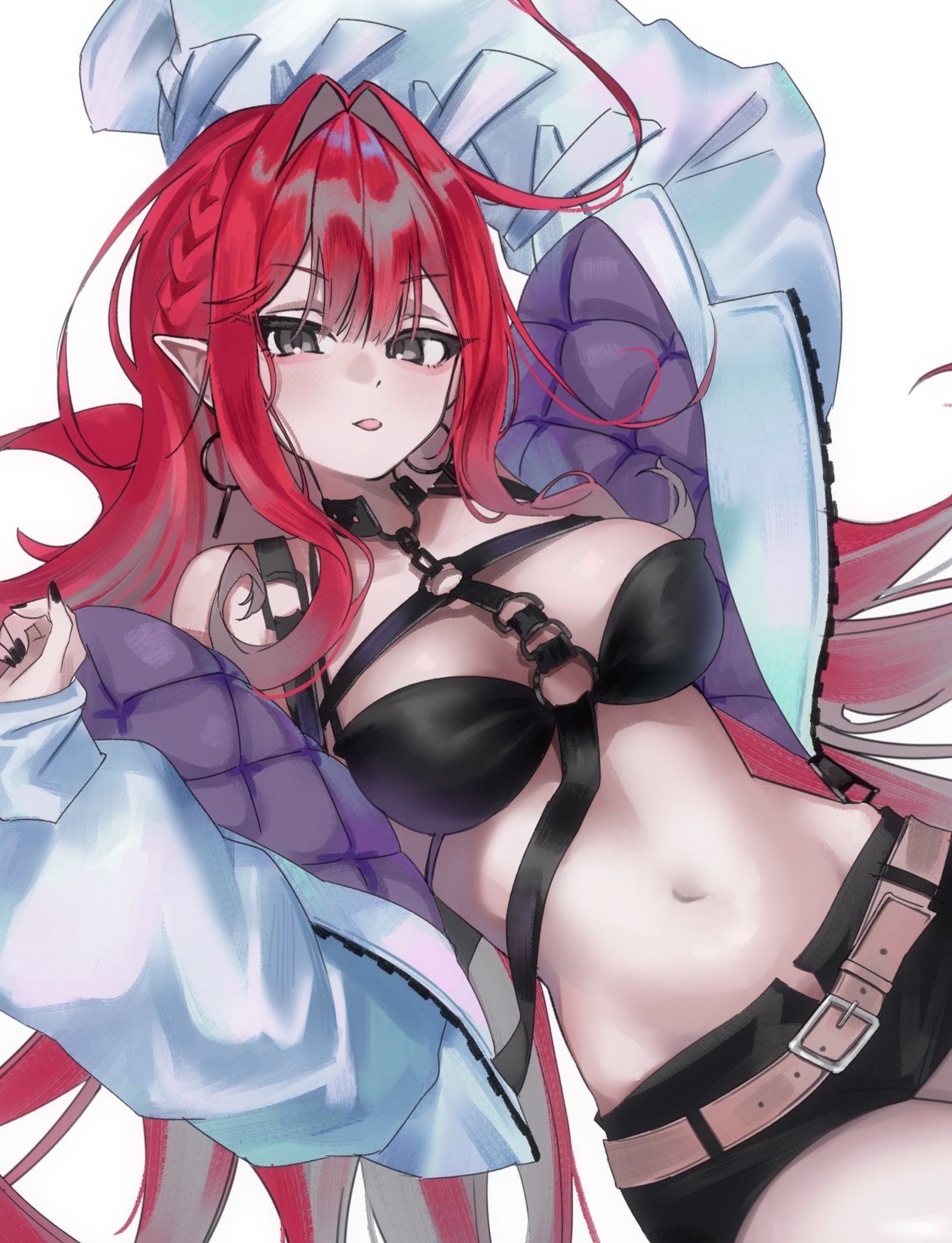 mikon (nicknqme), baobhan sith (fate), fate/grand order, fate (series), highres, 1girl, breasts, earrings, grey eyes, hoop earrings, jacket, jewelry, long hair, looking at viewer, navel, pink hair, pointy ears, sidelocks, solo, white background, white jacket