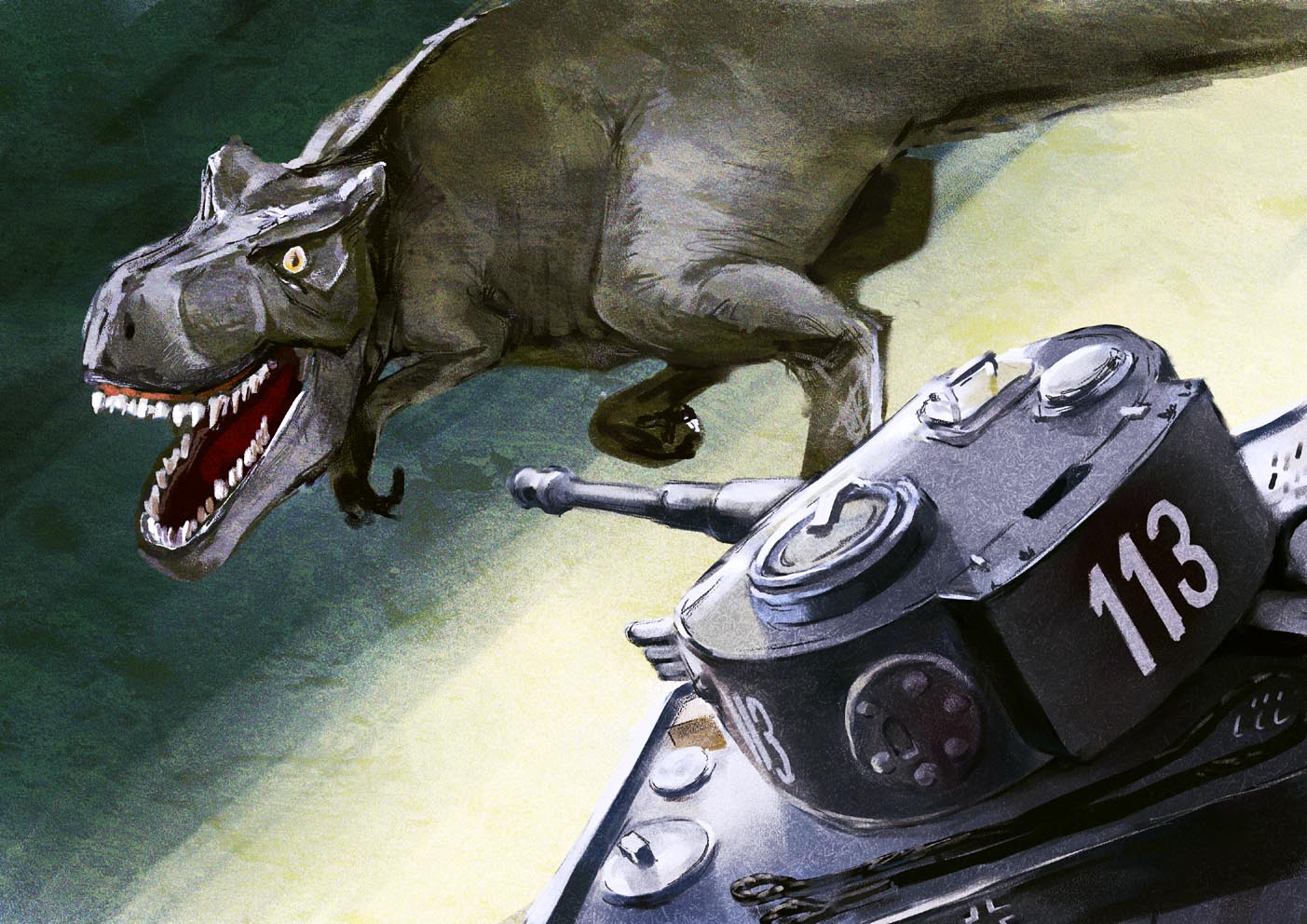 tnt (pixiv), tnt (tnt8823), vehicle, balkenkreuz, battle, cross, dinosaur, dutch angle, epic, military, military vehicle, motor vehicle, no humans, sharp teeth, tank, teeth, tiger i, tyrannosaurus rex, wehrmacht, world war ii