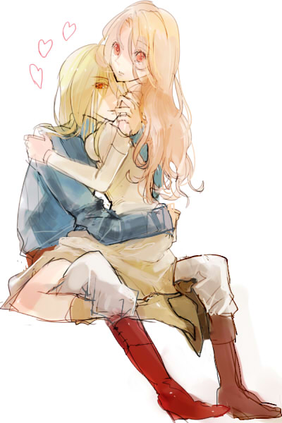 mimic (artist), suimin, cain highwind, rosa farrell, final fantasy, final fantasy iv, 1990s (style), 1boy, 1girl, blonde hair, boots, hetero, hug, red eyes, sitting