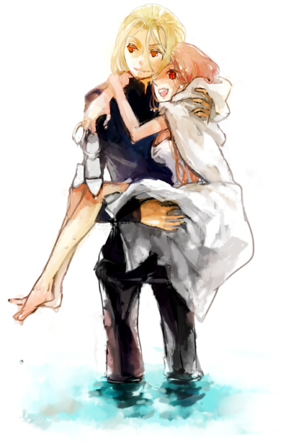 mimic (artist), suimin, cain highwind, rosa farrell, final fantasy, final fantasy iv, 1990s (style), 1boy, 1girl, barefoot, blonde hair, cloak, feet, hetero, holding, hug, open mouth, pink hair, robe, smile, water