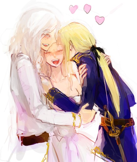 mimic (artist), suimin, cain highwind, cecil harvey, rosa farrell, final fantasy, final fantasy iv, 1990s (style), 1girl, 2boys, blonde hair, closed eyes, hug, multiple boys, open mouth, ponytail, ribbon, smile, sword, weapon, white hair