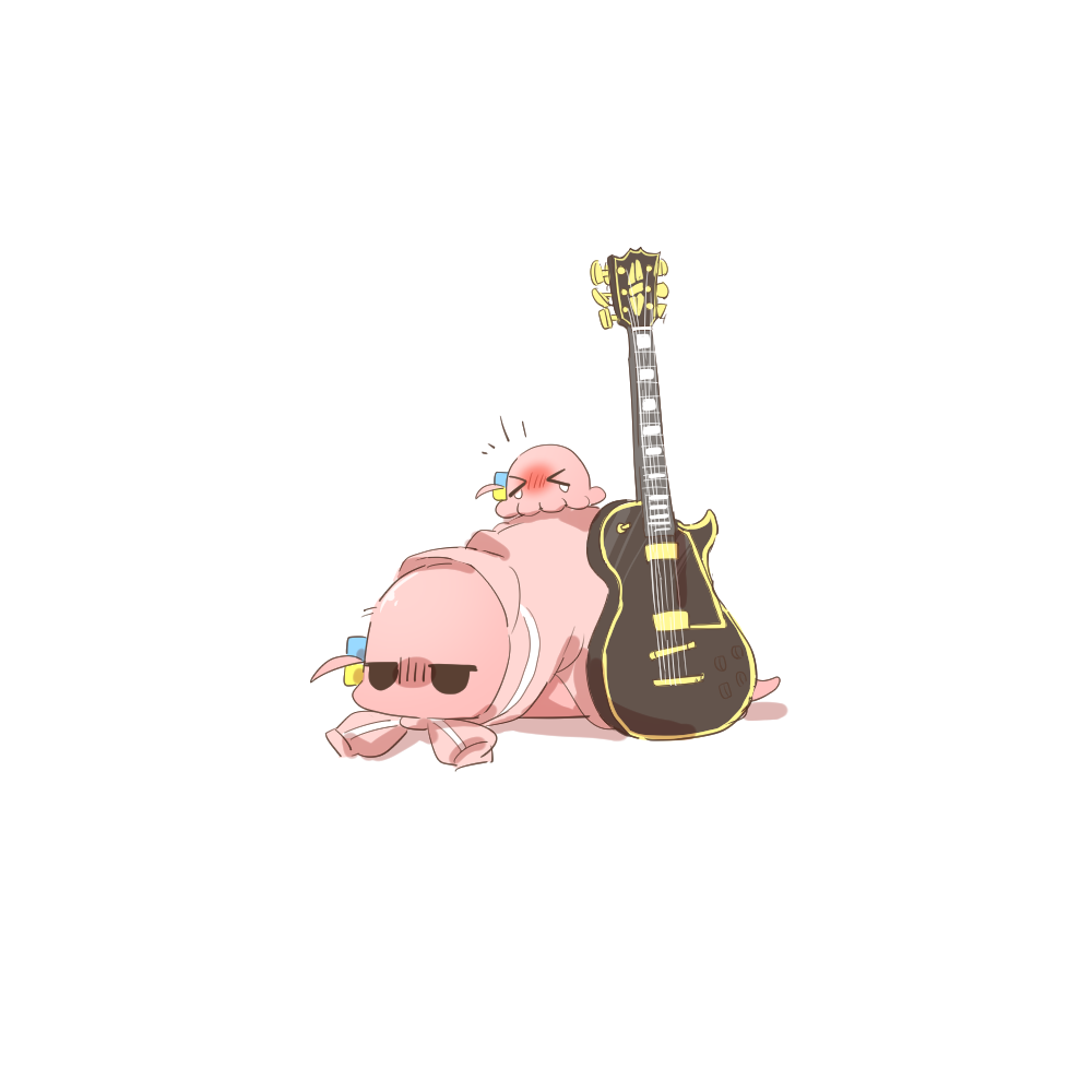 rebecca (keinelove), gotoh hitori, gotoh hitori (octopus), gotoh hitori (tsuchinoko), bocchi the rock!, commentary request, > <, closed eyes, cube hair ornament, guitar, hair ornament, instrument, jacket, long sleeves, no humans, pink jacket, simple background, track jacket, white background