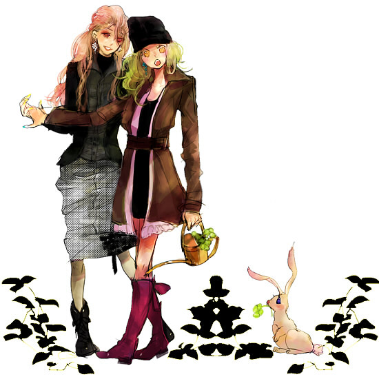 mimic (artist), suimin, rosa farrell, rydia (adult) (ff4), rydia (ff4), final fantasy, final fantasy iv, 1990s (style), 2girls, aged up, beanie, blonde hair, clover, coat, earrings, four-leaf clover, green hair, hat, jacket, jewelry, multiple girls, pencil skirt, pink hair, rabbit, retro artstyle, skirt, smile, walking, watering can