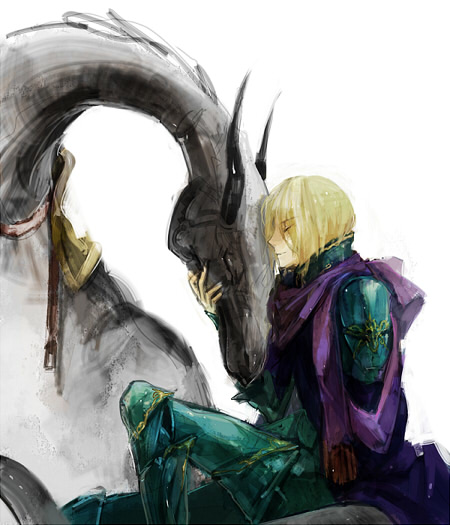 mimic (artist), suimin, cain highwind, dragoon (final fantasy), final fantasy, final fantasy iv, 1990s (style), 1boy, armor, blonde hair, closed eyes, dragon, dragoon, hug, male focus, scarf, sitting, smile, solo, white background
