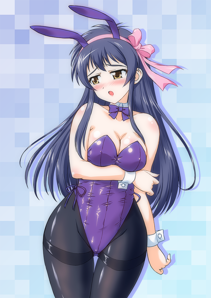 yukimura hajime, sheela sheffield, yuukyuu gensoukyoku, variant set, 1girl, animal ear hairband, animal ears, black hair, black pantyhose, bow, bowtie, breasts, brown eyes, cleavage, detached collar, fake animal ears, gluteal fold, hair ribbon, hairband, leotard, long hair, looking to the side, medium breasts, pantyhose, pink background, pink ribbon, playboy bunny, purple bow, purple bowtie, purple leotard, rabbit ears, ribbon, solo, strapless, strapless leotard, thigh gap, thighband pantyhose, wrist cuffs